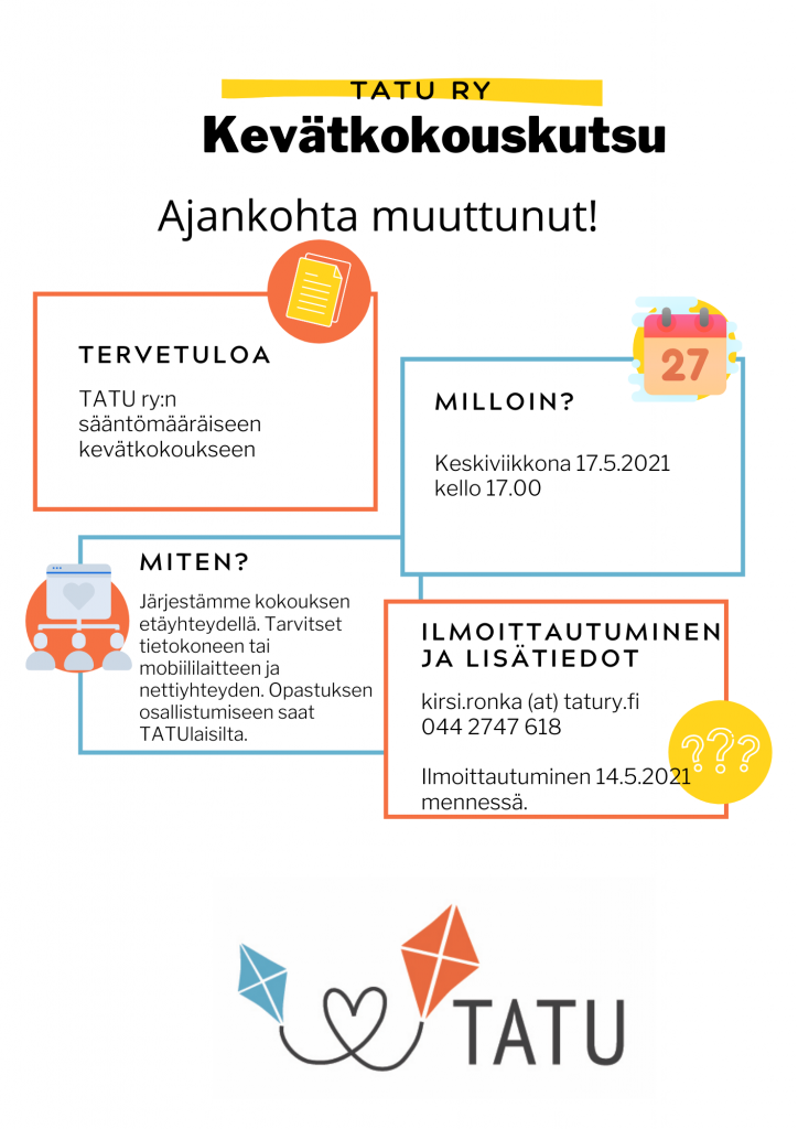 Kevätkokouskutsu, jossa TATU ry:n leija-logo. Teksti sama kuin sivulla.