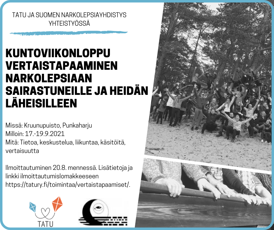 Kuntoviikonloppu vertaistapaamisen mainos, Teksti sama kuin sivulla. Kuva mustavalkoinen, jossa ihmisiä ryhmäkuvassa kädet ylhäällä, ulkona puiden juurella.