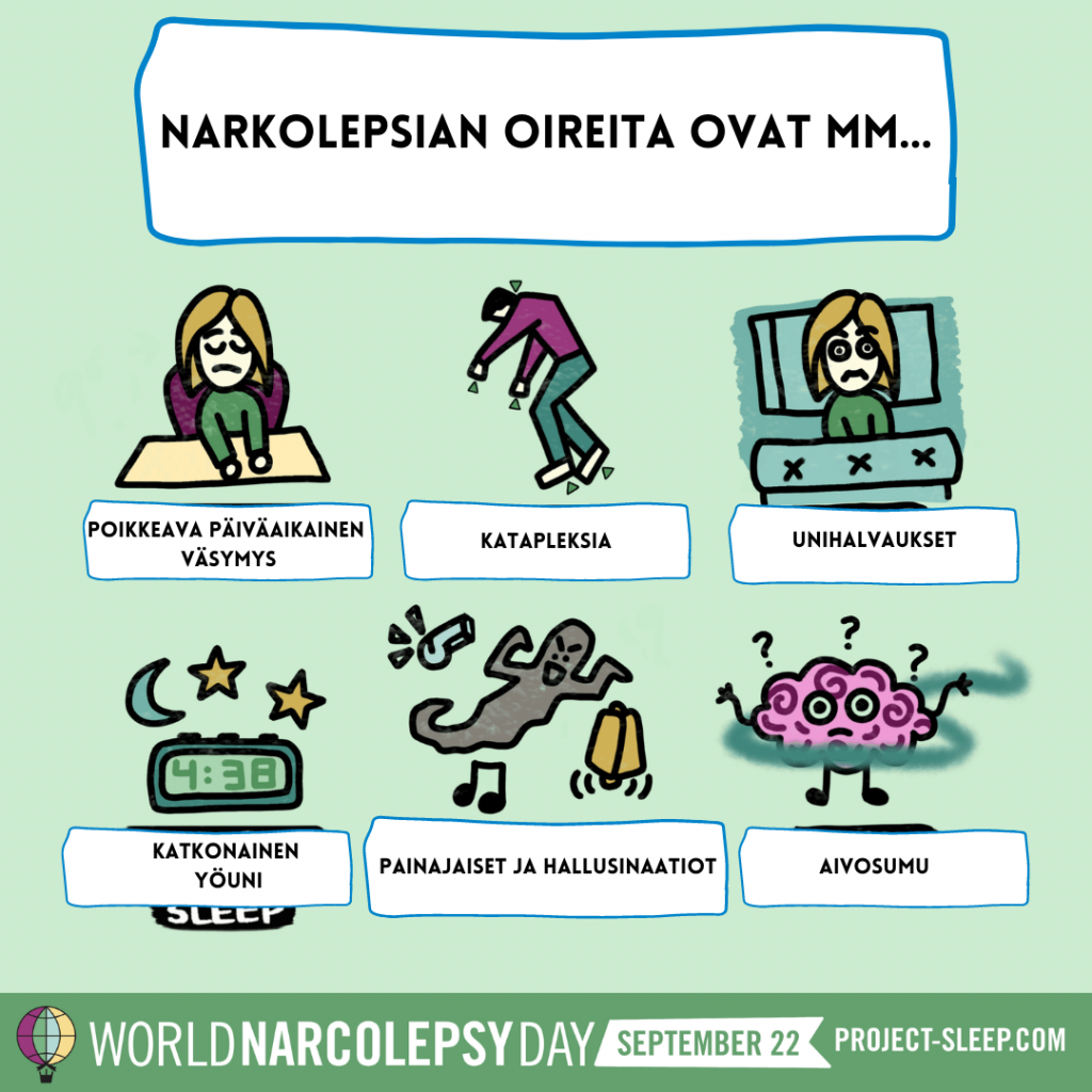 Narkolepsian oireita ovat mm. poikkeava päiväaikainen väsymys, katapleksia, unihalvaukset, katkonainen yöuni, painajaiset ja hallusinaatiot ja aivosumu. Piirrettyjä kuvia näistä.