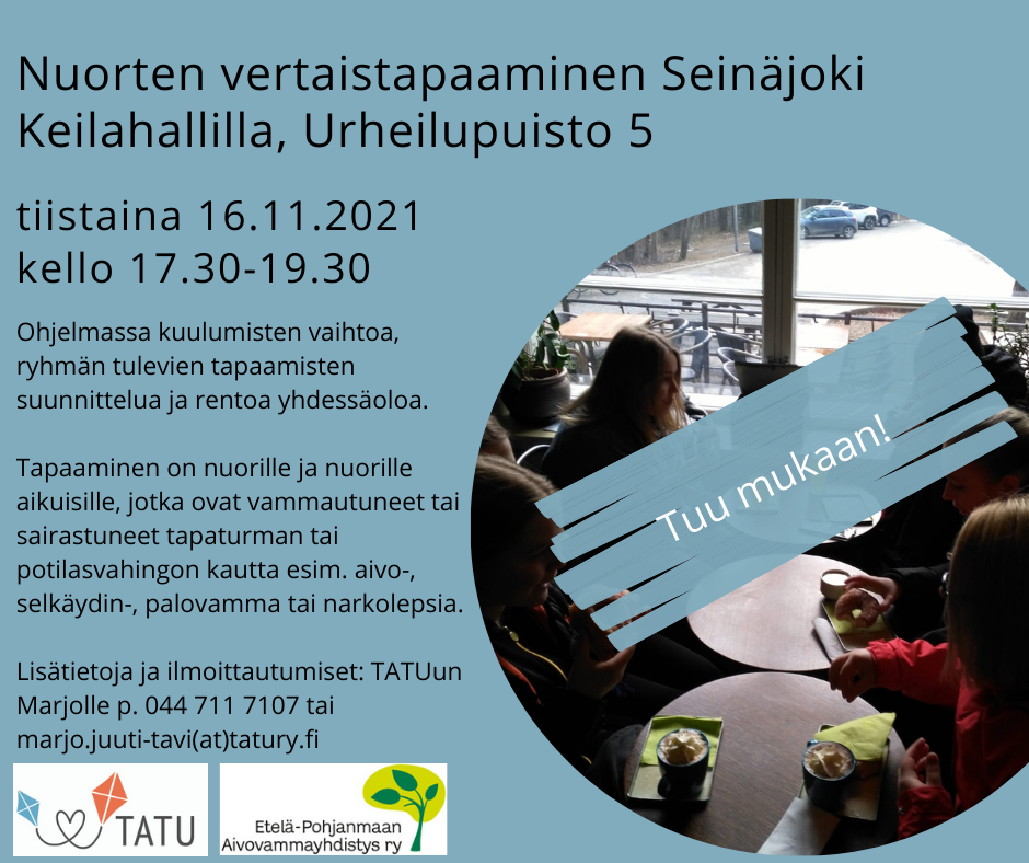 Tapahtuman tiedot mainoksessa, teksti sama kuin sivulla. Kuvassa nuoria kahden pyöreän pöydän äärellä kahvilla ja keskustelemassa. Takana ikkuna, josta näkyy terassi.