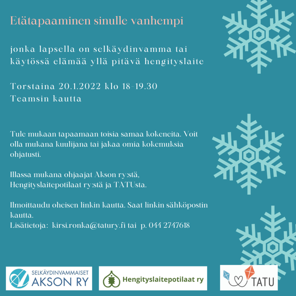 Tapahtuman mainos, teksti sama kuin sivulla, sivussa valkeita lumihiutaleita.