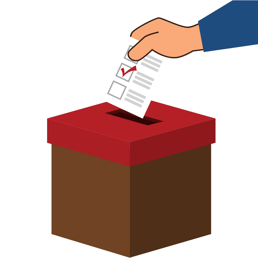 Piirretty kuva, jossa käsi laittaa vaalilipun laatikkoon.