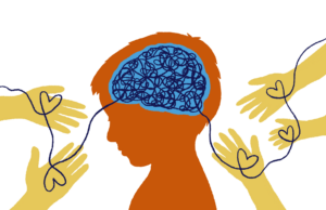 Piirroskuva lapsen pää sivusta kuvattuna ja päähän piirretty aivot. Ympärillä käsiä, kämmenissä sydämet, jotka samassa ketjussa yhteydessä lapseen.