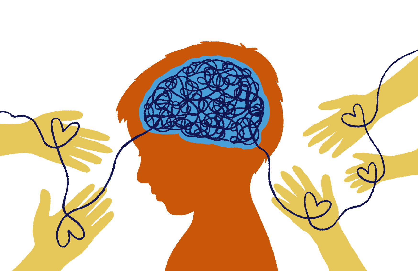 Piirroskuva lapsen pää sivusta kuvattuna ja päähän piirretty aivot. Ympärillä käsiä, kämmenissä sydämet, jotka samassa ketjussa yhteydessä lapseen.