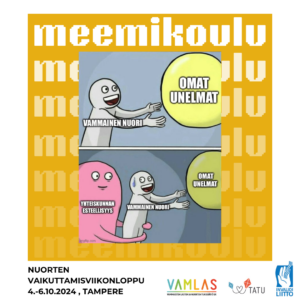 Ylemmässä kuvassa hahmo hymyilee ja tavoittelee isoa palloa. Hahmon kohdalla lukee "vammainen nuori" ja pallon kohdalla "omat unelmat".
Alemmassa kuvassa iso hahmo pitelee kiinni "vammainen nuori" hahmosta, joka ei saa "omat unelmat" palloa kiinni. Ison hahmon kohdalla lukee "yhteiskunnan esteellisyys"