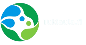 pyöreä koristeellinen logo, jossa valkoista sinistä ja vihreää väriä. Vieressä teksti tukiaula.fi