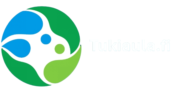 pyöreä koristeellinen logo, jossa valkoista sinistä ja vihreää väriä. Vieressä teksti tukiaula.fi